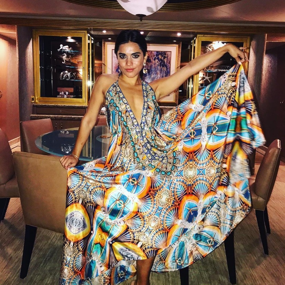 Blue and Gold Sleeveless Plunge Maxi Dress for Cocktail